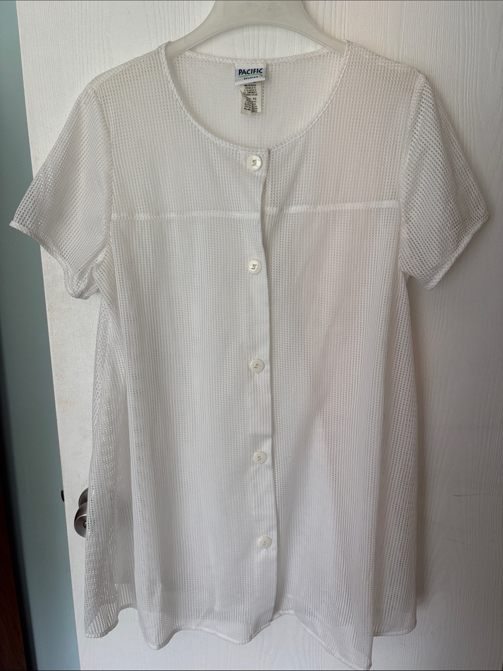 Pacifica White Short-Sleeve Button-Front Mesh Top